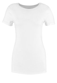 Bílé tričko s krátkým rukávem vyrobené z bavlny, s kulatým výstřihem a přiléhavým střihem. Hladká textura bez vzorů nebo akcentů.