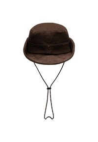 Barna kordbársonyos vödörkalap, kerek koronával, puha karimával és fekete állítható állszíjjal a biztonságos illeszkedés érdekében. A texturált anyag mélységet ad.