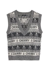 Bezrękawnik w kolorze szarym z dekoltem w serek, z wzorem plecionki, białymi grafikami rowerów oraz napisem "CHERRY", wykończony ściągaczami.