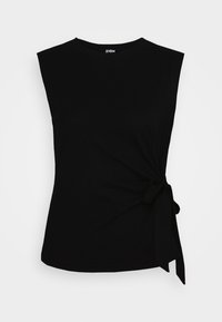 Top preto sem mangas feito de tecido suave. Apresenta um detalhe de nó na cintura e um decote arredondado com um corte regular.