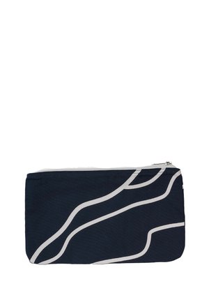 Ristkülikukujuline tumesinine kott valgete abstraktsete kõverate joontega ja ülemise tõmblukuga.