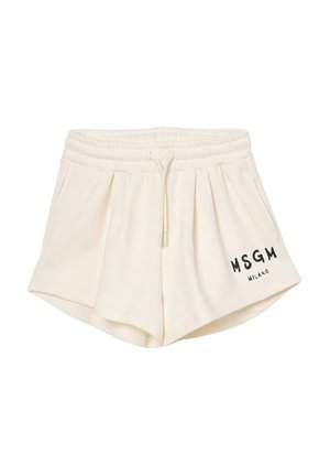 Pantaloncini color crema con coulisse, vita elastica e logo nero "MSGM Milano" sulla parte inferiore della gamba sinistra, vista frontale su sfondo bianco.