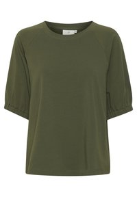 Olijfgroen blouse met korte mouwen, elastische pofmouwen en ronde hals.