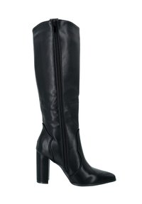 Bota de cuero negro, hasta la rodilla, con punta afilada, cierre de cremallera y tacón cuadrado. Textura suave con acentos curvados en el caño.