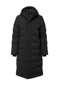 Black puffer coat with a hood, featuring a straight cut, quilted texture, and two side pockets. Zipper closure and elastic cuffs.