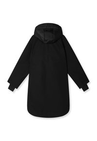 Parka nera con cappuccio, maniche lunghe e taglio dritto. Realizzata in un materiale liscio con polsini elasticizzati, design minimalista.