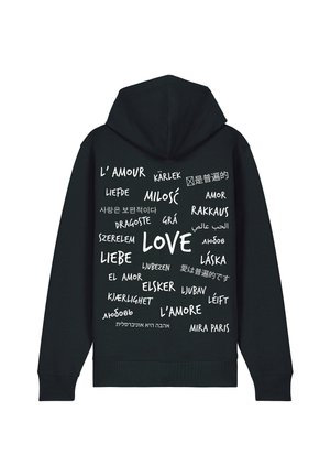 Black hoodie featuring white printed text in various languages, with a central emphasis on the word "LOVE." Casual design with a hood.