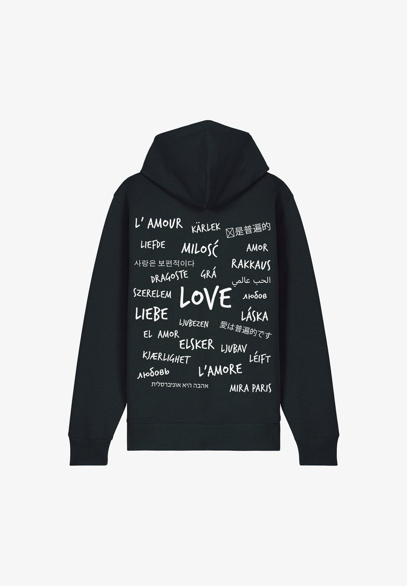 Svart hoodie med vit tryckt text på olika språk, där ordet "KÄRLEK" har en central tonvikt. Avslappnad design med huva.