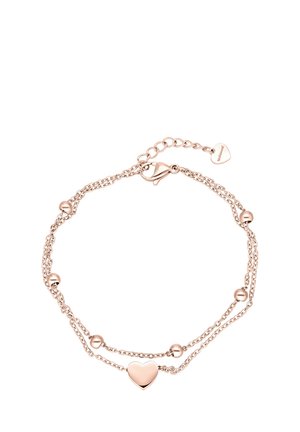 Double-layer rose gold chain bracelet with small beads and a heart-shaped charm, featuring a lobster clasp and adjustable chain.