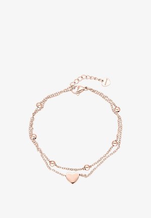 Doppelreihiges Armband aus roségoldener Kette mit kleinen Perlen und einem herzförmigen Anhänger, ausgestattet mit einem Karabinerverschluss und verstellbarer Kette.