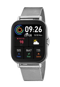 Montre connectée en métal argenté avec un écran tactile carré affichant l'heure, le rythme cardiaque, le nombre de pas et les calories, dotée d'un bracelet en maille.