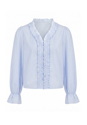 Blusa azzurra a maniche lunghe con collo arricciato e rifinitura frontale, polsini elastici con leggero svasamento ai polsi.