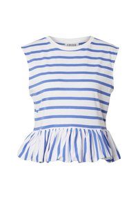 Gestreept mouwloos topje van wit en blauw katoen, met een ronde halslijn en een gerimpelde peplumrand. Verticale strepen met een soepele textuur.