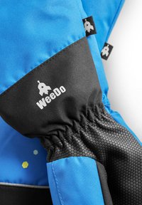 Niebieska wodoodporna rękawica z czarnym teksturowanym mankietem. Posiada logo "WeeDo" w kolorze białym, elastyczny nadgarstek dla pewnego dopasowania oraz sześciokątne wzory.