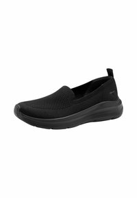 Chaussures noires à enfiler en tissu tricoté, avec une tige texturée, une semelle flexible et une petite boucle à l'arrière pour un enfilage facile.