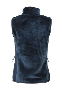 Gilet bleu marine en tissu doux et pelucheux. Col haut, sans manches, avec des poches zippées sur les côtés. Texture lisse avec un éclat subtil.