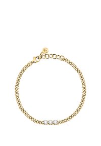 Bracciale in oro con tre gemstone trasparenti. Presenta una chiusura a moschettone e un piccolo tag con logo. Texture liscia, design classico.