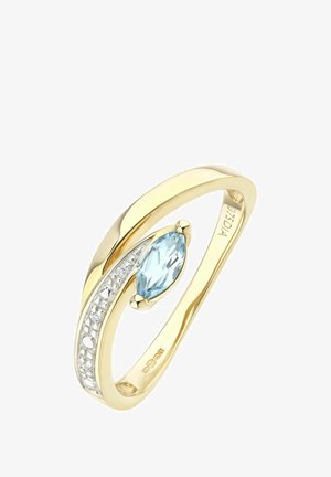 Gold ring featuring a marquise-cut light blue gemstone, accented by small clear stones along one side, smooth polished finish.