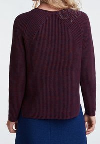 Maglione lavorato a maglia in rosso scuro e blu navy, con un motivo a coste testurizzato, scollatura rotonda e maniche raglan. Vista posteriore che mostra una vestibilità comoda.