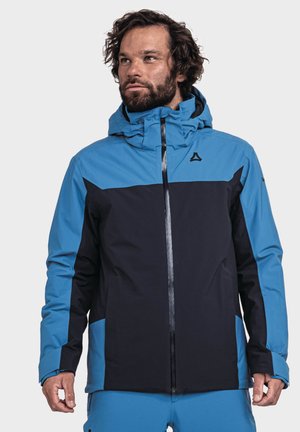 Blaue und schwarze Jacke mit einem Reißverschluss auf der Vorderseite, verstellbare Kapuze und kontrastierenden Farbstreifen. Hergestellt aus wetterbeständigem Material.