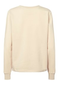 Šviesiai smėlinės spalvos ilgomis rankovėmis džemperis su apvaliu iškirpimu, minkšta tekstūra, raukšlėtomis rankovėmis ir paprastu, dekoracijų neturinčiu dizainu. Atgalinis vaizdas.