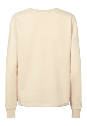 Svetle béžová mikina s dlouhými rukávy, kulatým výstřihem, měkkou texturou, žebrovanými manžetami a jednoduchým, nezdobeným designem. Pohled ze zadu.