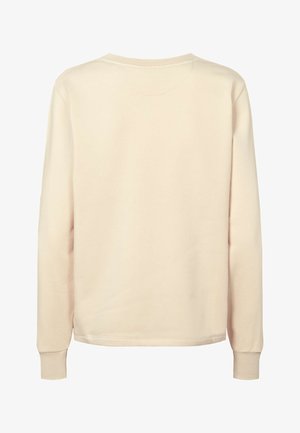 Lys beige langermet genser med rund hals, myk tekstur, ribbestrikkede mansjetter og et enkelt, udekorerte design. Bakutsikt.
