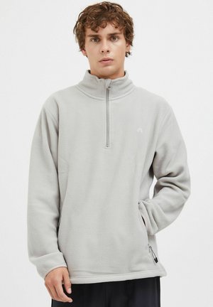 Sudadera de felpa gris claro con cuello de media cremallera, mangas largas y bolsillo lateral con cremallera. Presenta un logo sutil en el pecho. Textura suave.