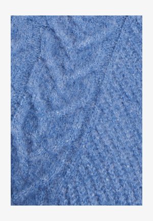 Blauer Strickstoff mit einem strukturierten Muster, dessen weiche Fasern ein gemütliches Erscheinungsbild und einen leichten Glanz des Materials erzeugen.