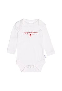Weißer Baby-Body mit langen Ärmeln aus weicher Baumwolle, mit rotem Text "mein erstes Weihnachten" und einer roten Schleife als Grafik.