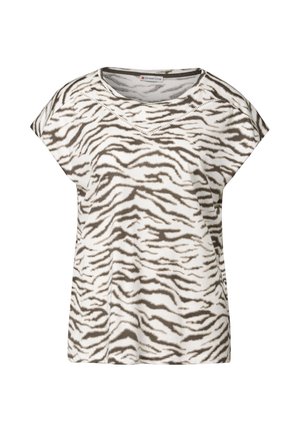 T-shirt a maniche corte in tessuto morbido, con un motivo a strisce di tigre bianche e marroni, collezione con scollo rotondo e vestibilità rilassata.