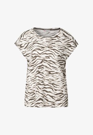 Short-sleeve t-shirt in soft fabric, featuring a white and brown tiger stripe pattern, with a round neckline and relaxed fit.