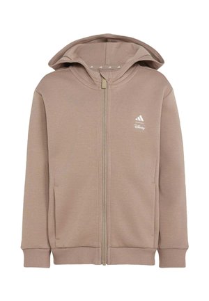 Beige zip-up hoodie met voorzakken, geribbelde boorden en zoom, Adidas en Disney-logo's op de linkerborst en een vastgenaaide capuchon.