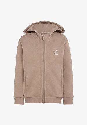 Beige zip-up hoodie met voorzakken, geribbelde boorden en zoom, Adidas en Disney-logo's op de linkerborst en een vastgenaaide capuchon.