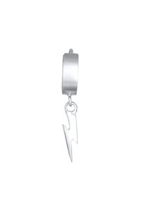 Sølv hoop ørering med en hængende lynbolt charm. Glat overflade med en poleret finish, der fremviser et moderne geometrisk design.