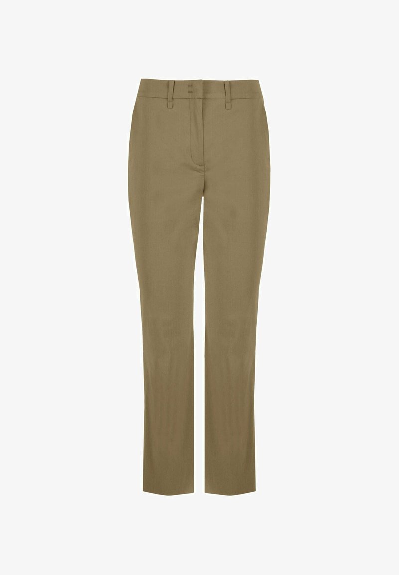 Pantalons kaki à coupe droite, fabriqués à partir d'un tissu lisse. Dotés d'un devant plat, de passants de ceinture et d'une fermeture à glissière.