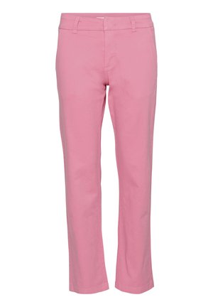 Pantalons en coton rose avec une coupe droite, présentant une texture lisse, des passants de ceinture et une fermeture à glissière. Aucun motif ou accent visible.