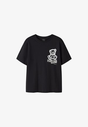 Black short-sleeve T-shirt with a white teddy bear graphic and text "FEARLESS True Pet" on the left chest.