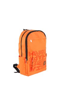 Orange backpack with two zippered compartments, black accents, and a repeating "HAPPY" pattern on one side. Features adjustable straps.