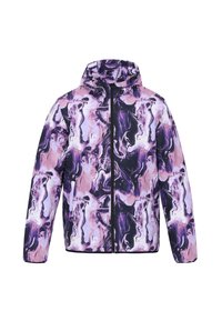 Jachetă cu glugă cu un model abstract de marmură violet și negru. Are un fermoar frontal și manșete elastice. Fabricată din material sintetic ușor.