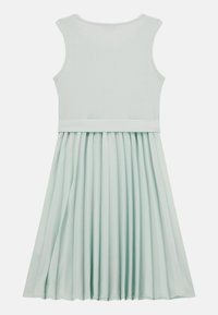 Světle zelené šaty s žebrovaným korpusem, hladkou plisovanou sukní a přiléhavým pasem. Tkanina má měkkou texturu.