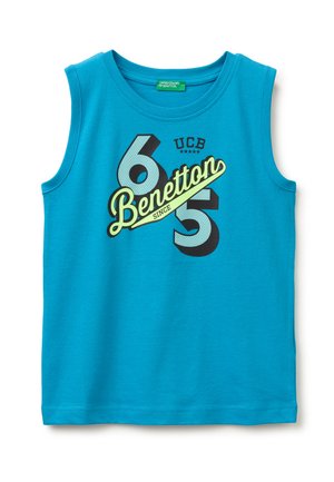 Débardeur turquoise avec le texte "6 5 Benetton since UCB" et un design graphique sur le devant, col rond, étiquette de marque à l'intérieur du col.