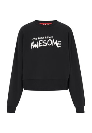 Sort cropped sweatshirt lavet af bomuld, med rund halsudskæring og lange ærmer. Forsiden har fed, hvid tekst der står "TOO BUSY BEING AWESOME."