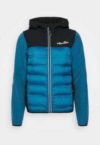 Blå och svart vadderad jacka med huva, med quiltad design, dragkedja framtill, dragkedjeförsedda sidofickor och logotyp på bröstet.