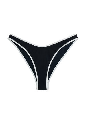 Črne bikinije z belimi detajli, z nizkim pasom in trikotno obliko, narejene iz gladkega, elastičnega materiala.