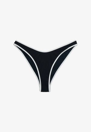 Melnas bikini apakšas ar baltu apdari, ar zemu piegriezumu un trīsstūra formu, izgatavotas no gludas, elastīgas auduma.