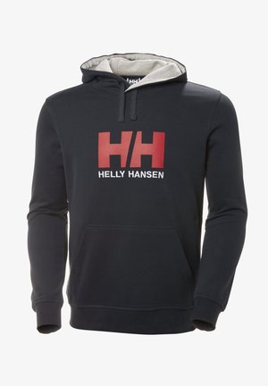 Námořnická mikina s šedou podšívkou. Obsahuje přední kapsu a velké červené logo "HH" s textem "HELLY HANSEN" pod ním v bílé barvě.