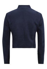 Marineblaue, taillierte Jacke aus weichem Wildledermaterial, mit langen Ärmeln und klassischem Kragen, minimalistischem Design und ohne sichtbare Beschläge.