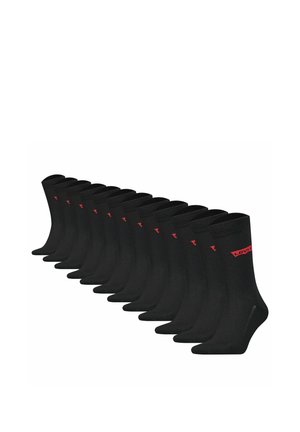 Zwölf Paar schwarze Knöchelsocken diagonal ausgerichtet, jeweils mit einem kleinen roten Levi's-Logo nahe der oberen Bündchenkante.