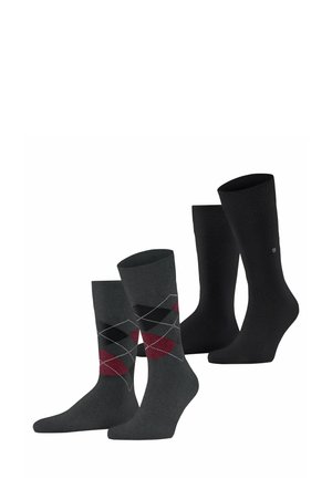 Two pairs of socks displayed: one pair is dark gray with a red and black argyle pattern, the other is solid black.
